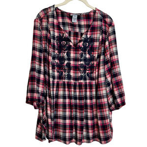 Catherines Womens Embroidered Flannel Shirt 2XWP Red Pink Plaid Western Feminine
